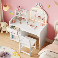Tavolo da toeletta per bambini Garvee con specchio illuminato, set da toeletta 2 in 1 da principessa, in legno, con contenitore e mensola, cassaforte, per la cameretta delle bambine, bianco