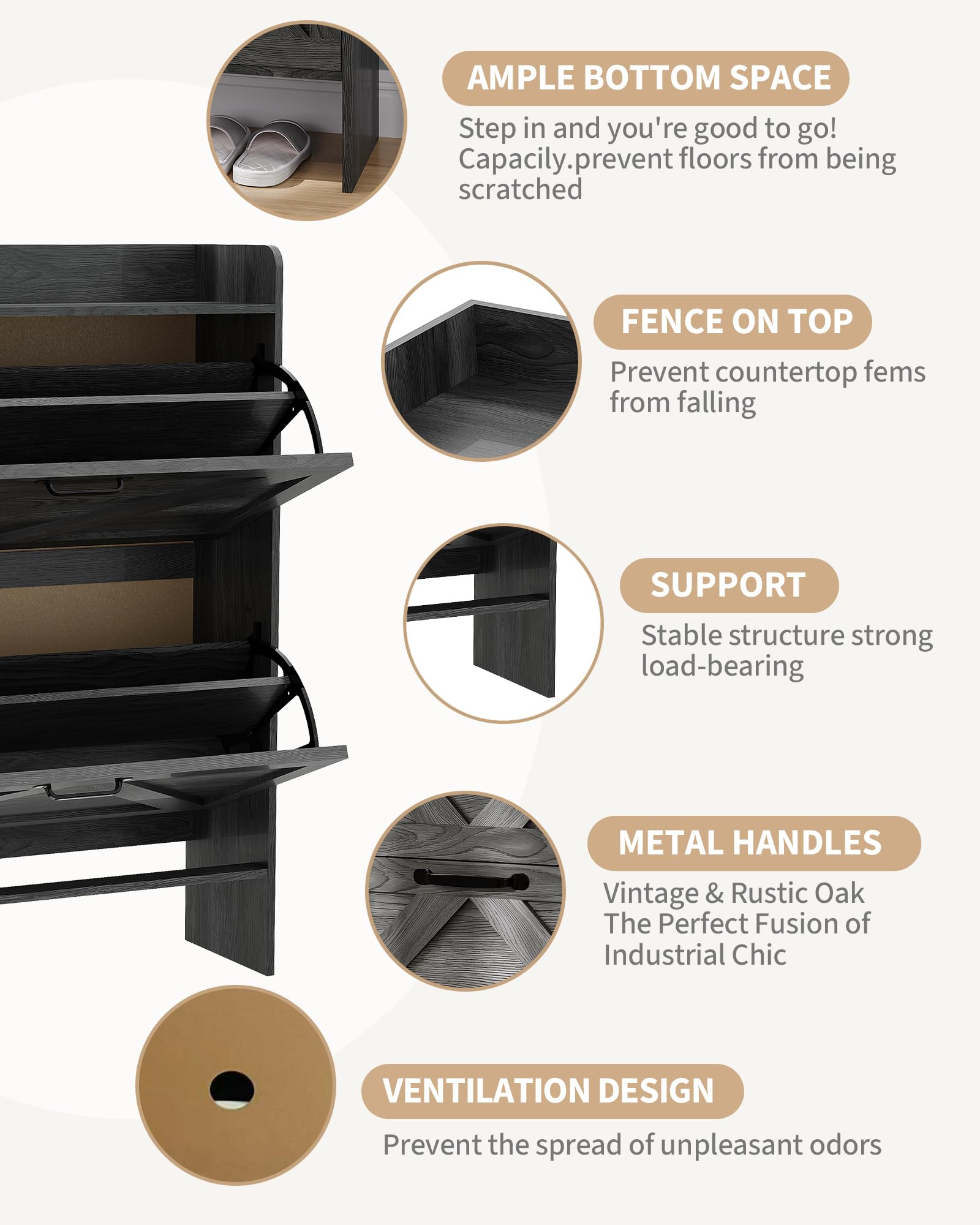 Garvee Scarpiera con 2 cassetti pieghevoli, marrone rustico, per corridoio e ingresso, salvaspazio, resistente, gambe in metallo