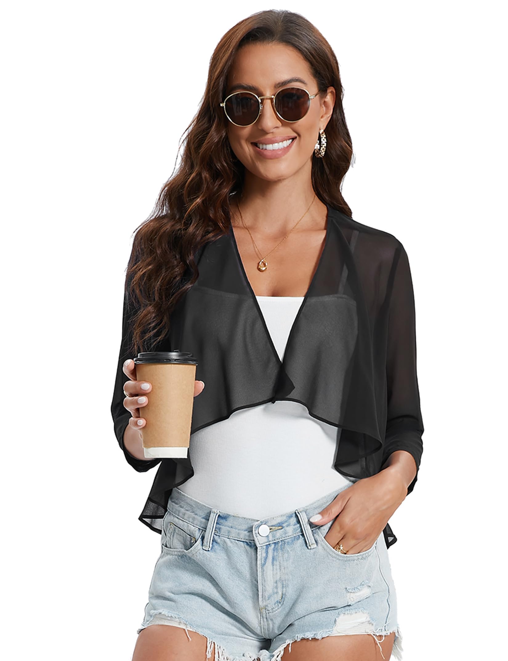 Garvee Bolero estivo da donna in chiffon festivo con maniche a 3/4, cardigan corto ed elegante, leggero, con spalle sottili, giacca bolero, top nero XL