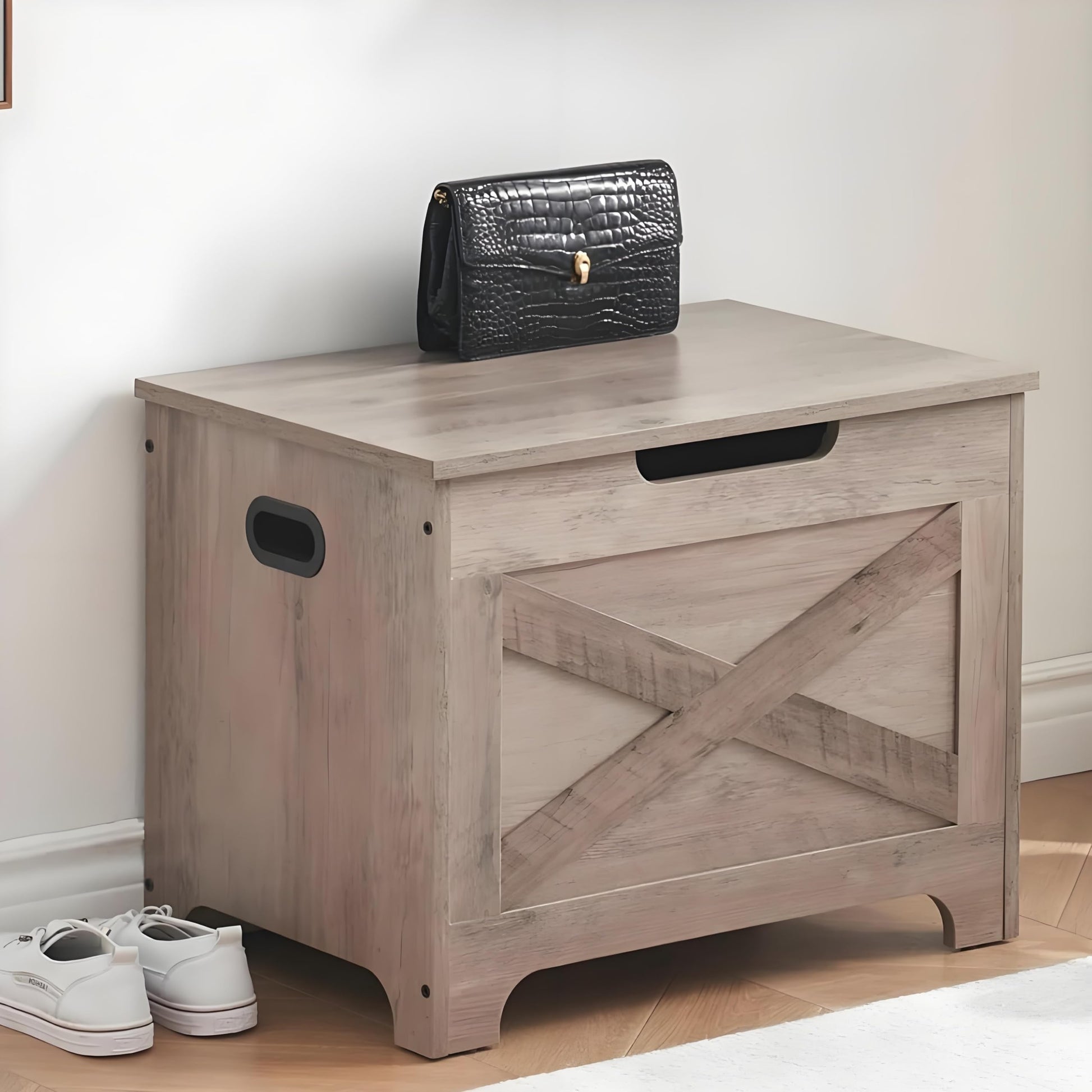 Panca portaoggetti Garvee con serratura di sicurezza, cassapanca in legno in stile country per corridoio e camera da letto, grigia