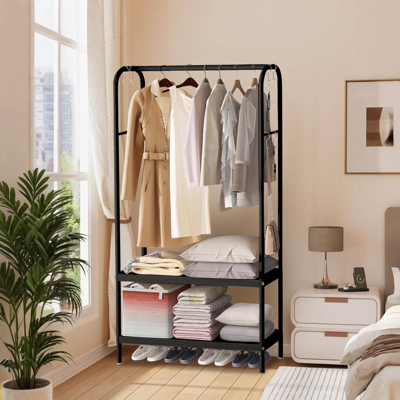 Appendiabiti Garvee in metallo nero, resistente, con ripiani doppi indipendenti, 6 ganci, piedini in gomma, per camera da letto, ufficio, soggiorno