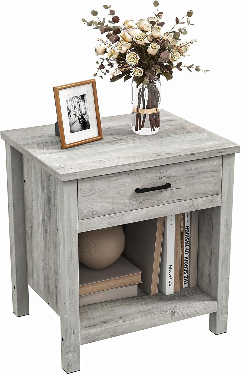 Comodino quadrato Garvee con contenitore, grigio legno, per camera da letto e soggiorno, funzionalità moderna