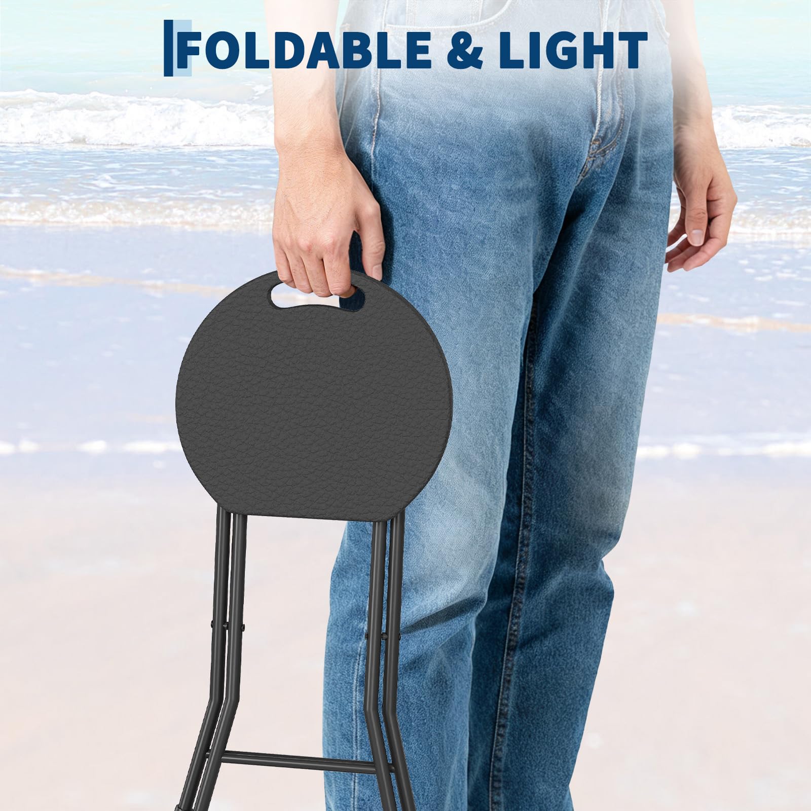 Sgabello pieghevole Garvee con maniglia, portatile, capacità di carico di 600 libbre, piedini antiscivolo, struttura in acciaio per campeggio e cucina, leggero e pieghevole, nero
