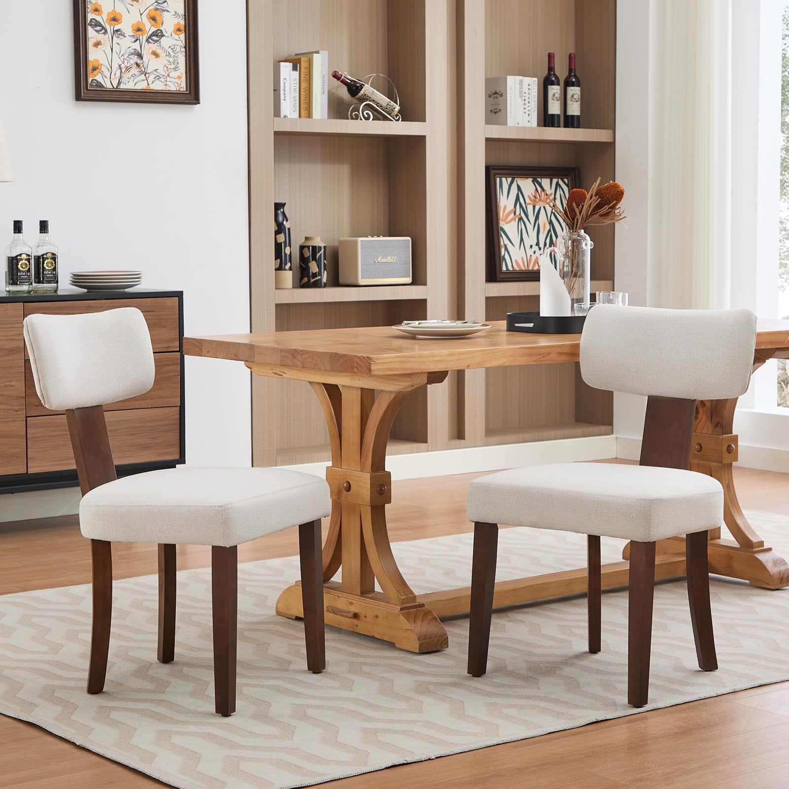 Sedie da pranzo Garvee, set da 2, rivestimento in tessuto, schienale ergonomico curvo, struttura in legno, antigraffio, beige, mobili per cucina e sala da pranzo