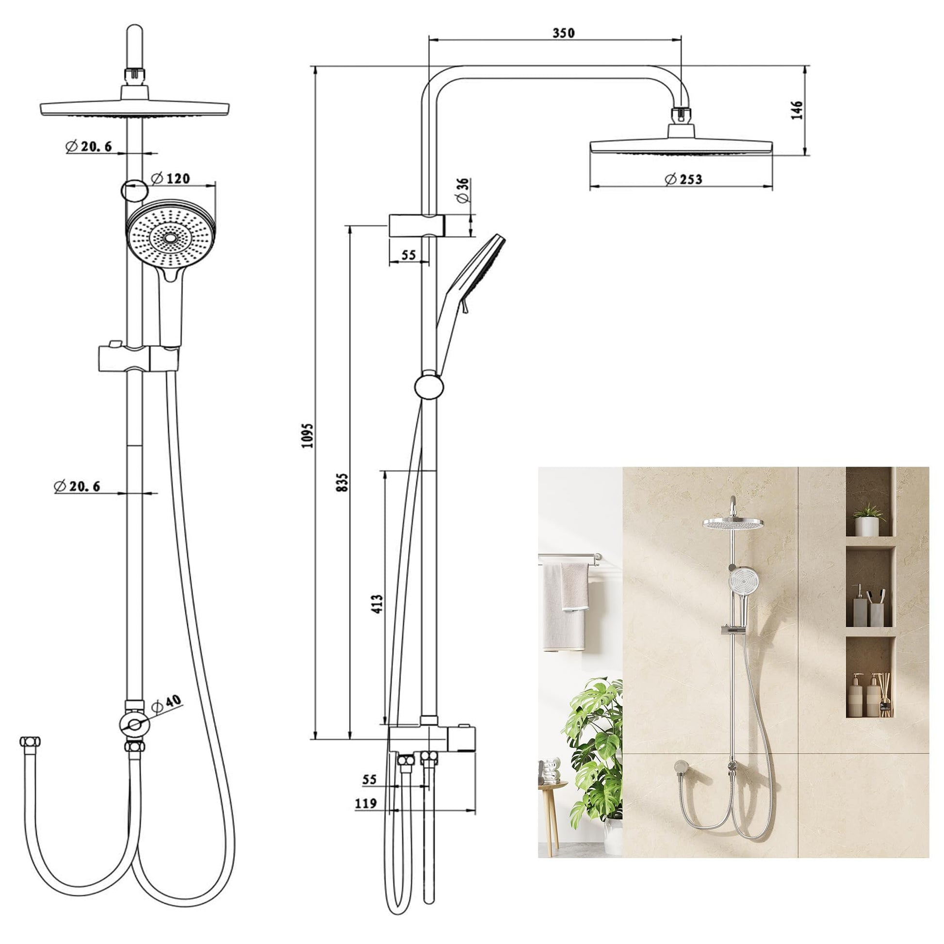 GARVEE Colonna doccia a pioggia senza raccordi cromata – Colonna doccia in acciaio inox rotonda 25 cm