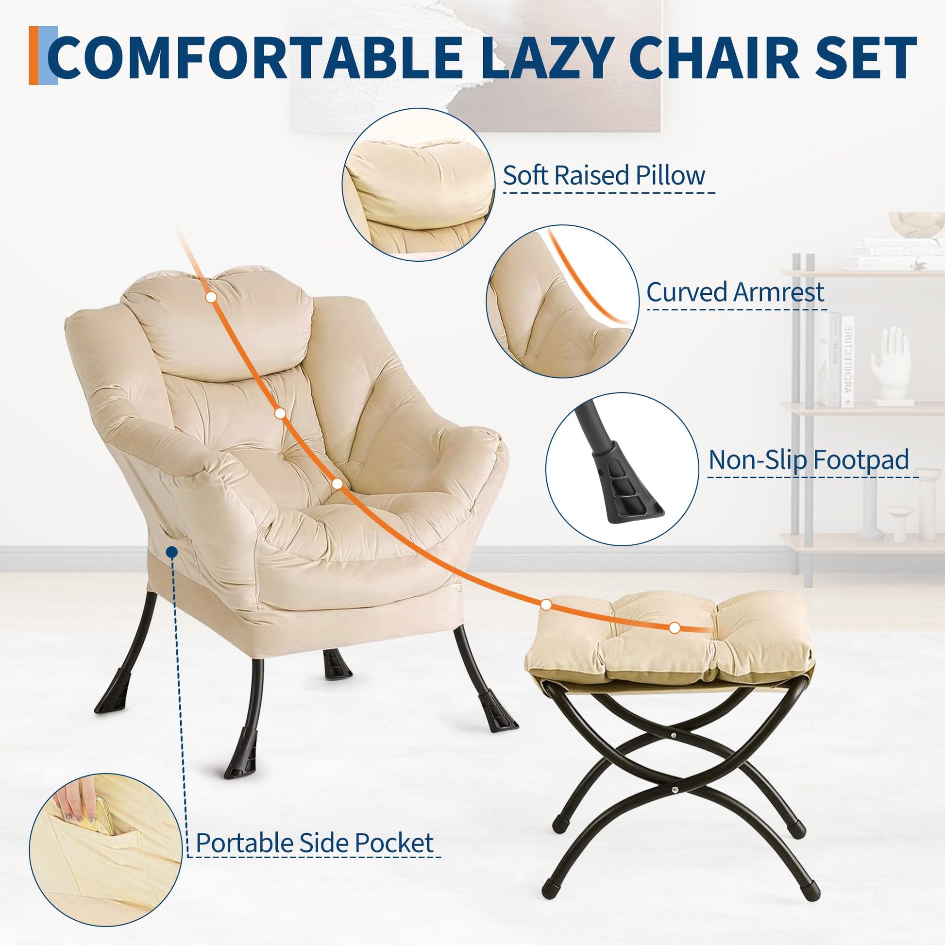 Poltrona Garvee Lazy con poggiapiedi, ergonomica e robusta, pelliccia di coniglio sintetica, color champagne, soggiorno, ufficio