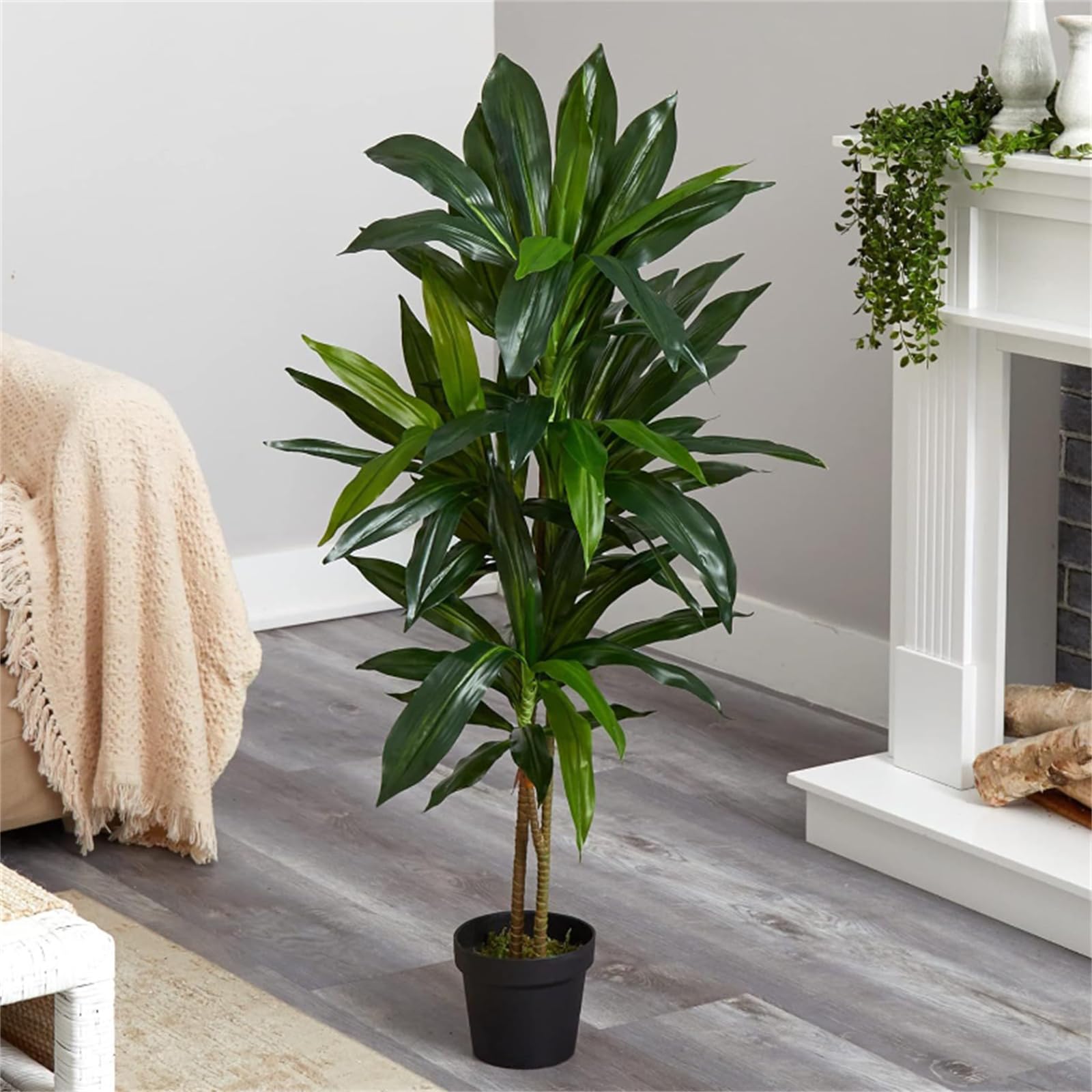 GARVEE Pianta artificiale di dracena, pianta tropicale artificiale alta 150 cm in vaso bianco con rami e foglie regolabili, grande pianta artificiale di dracena per soggiorno, ufficio domestico, balcone, verde