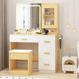 Garvee Tavolo Trucco Moderno con Specchio LED 3 Modalità, 4 Cassetti, Porta Asciugacapelli, Sgabello Imbottito, 94x40x140 cm, Angolo Camera - Legno Naturale e Bianco