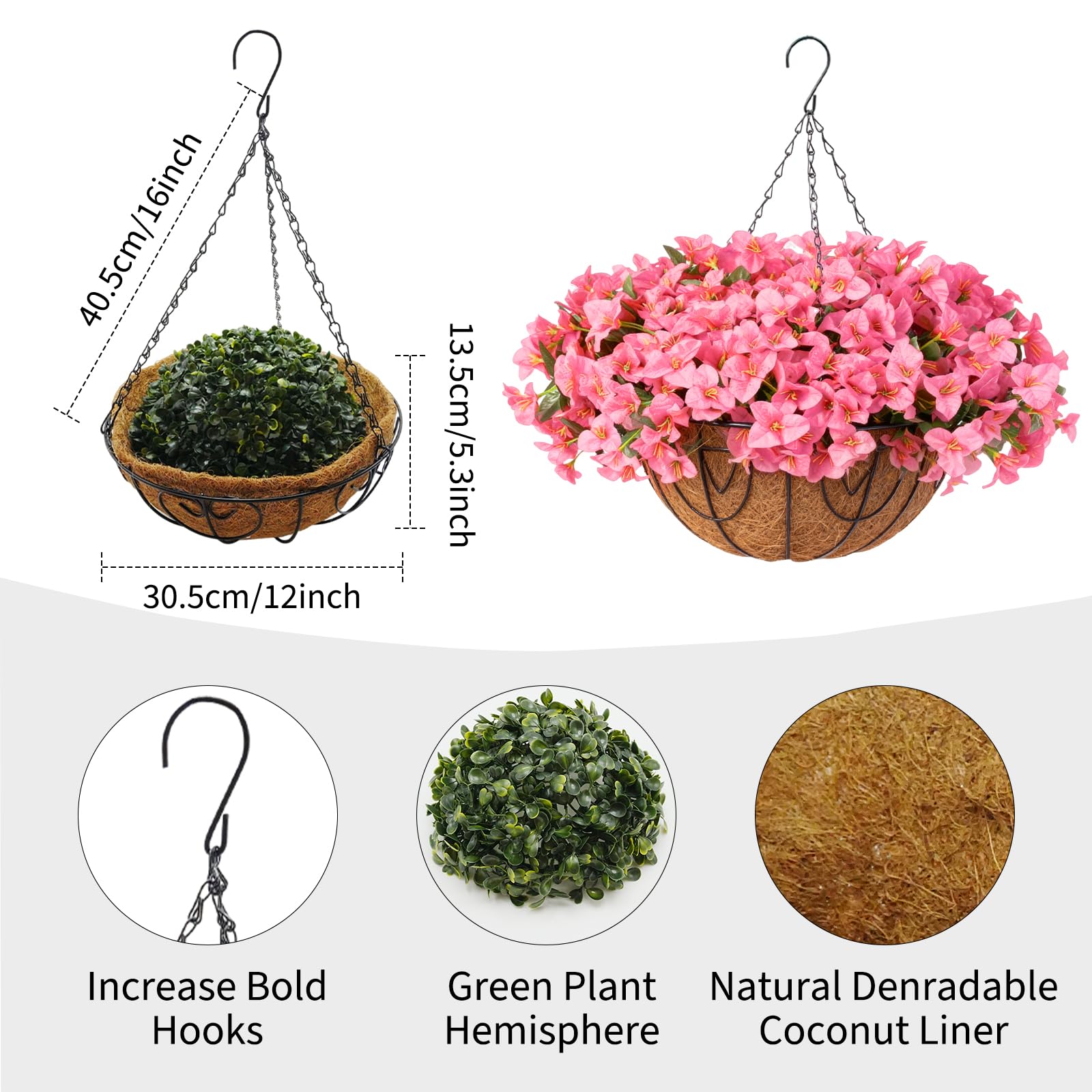 Garvee Set di fiori di bouganville artificiali con cesto per giardino e terrazza, rosa, resistente ai raggi UV, resistente alle intemperie