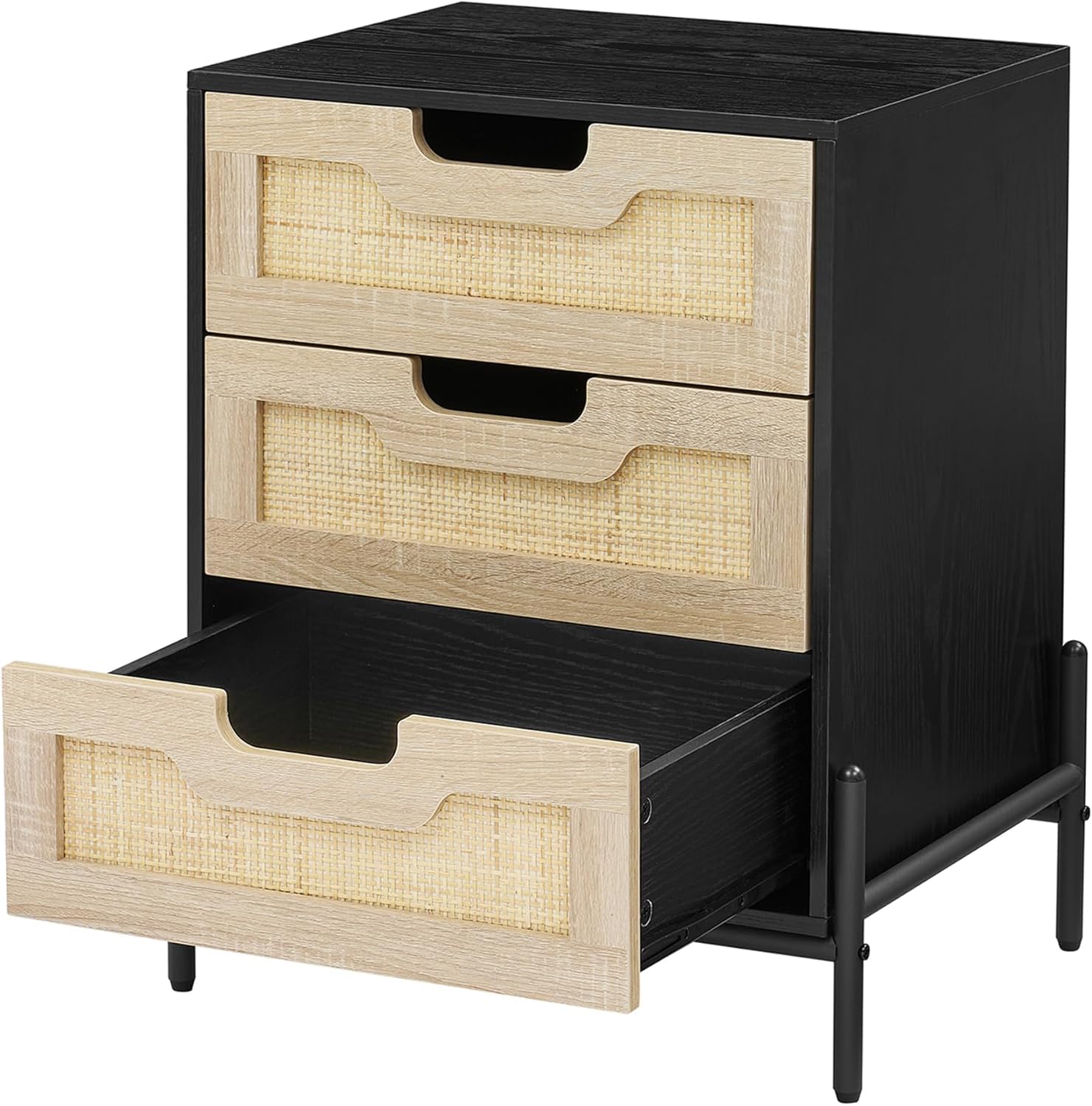 Comodino Garvee in rattan con 3 cassetti in vimini naturale, stile moderno, struttura in legno resistente, nero, camera da letto e soggiorno