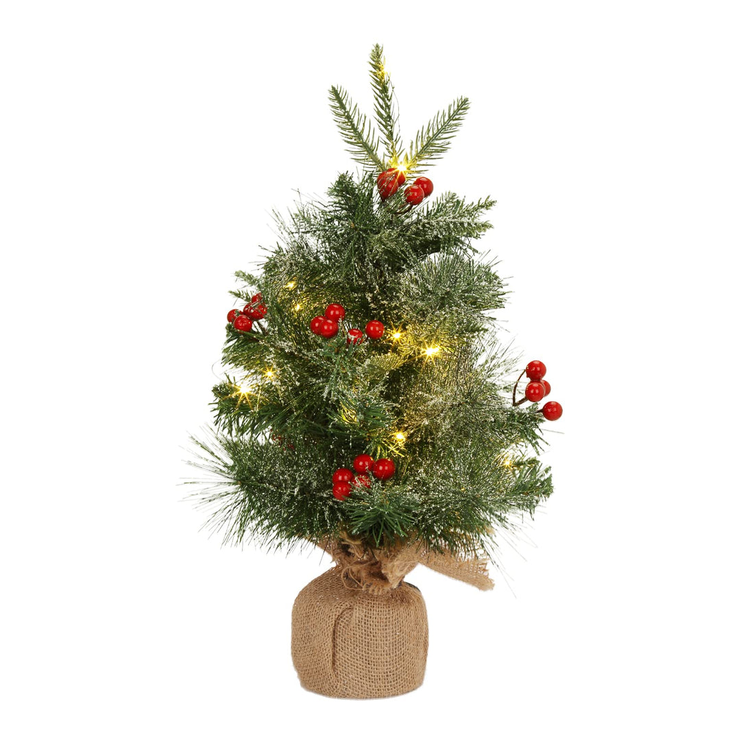 GARVEE Mini albero di Natale da tavolo da 18 pollici con 20 luci LED, bacche rosse, base in iuta per casa e ufficio, artificiale, durevole, a batteria