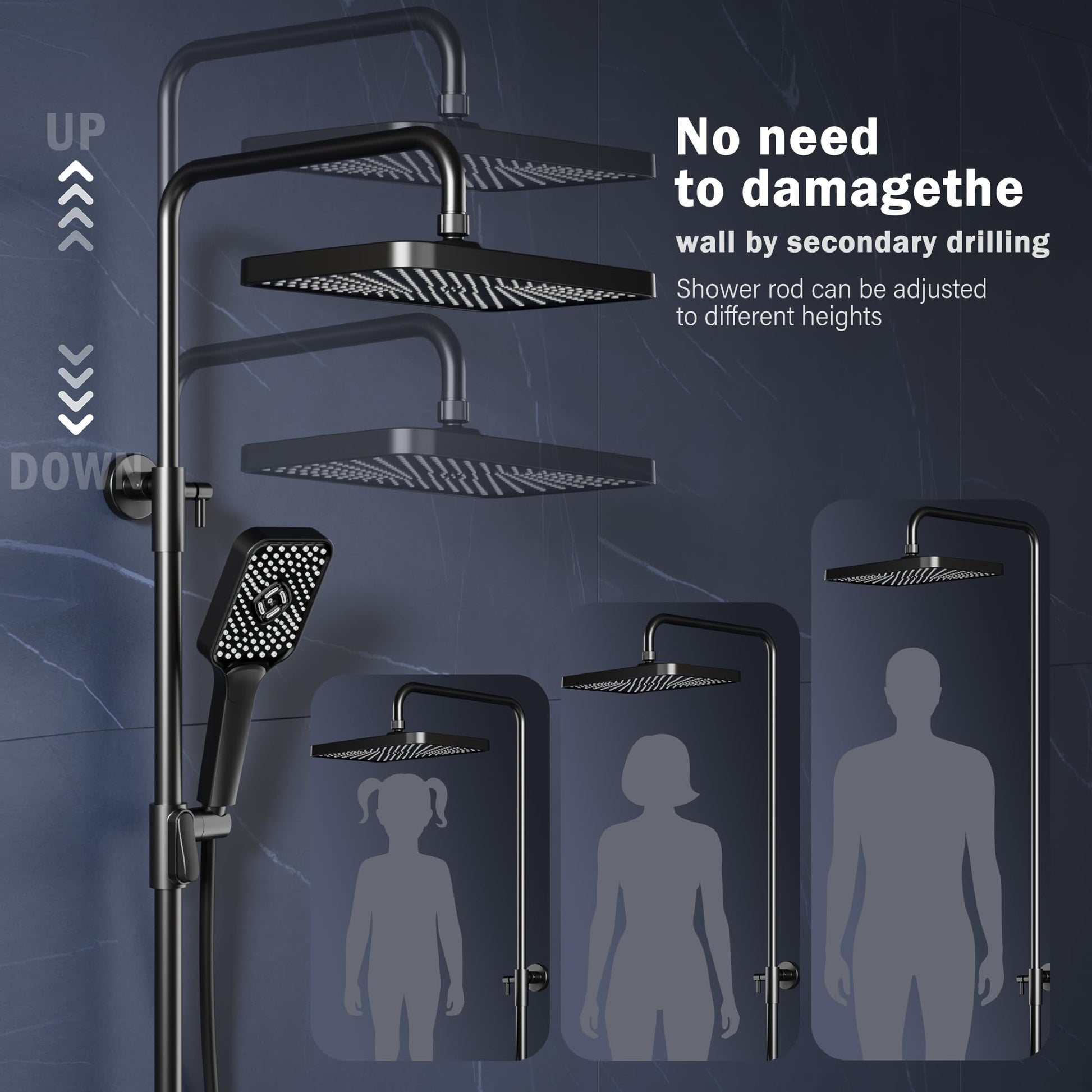 Sistema doccia Garvee Rain senza raccordi con mensola in acciaio inox nero 30x20,5 cm