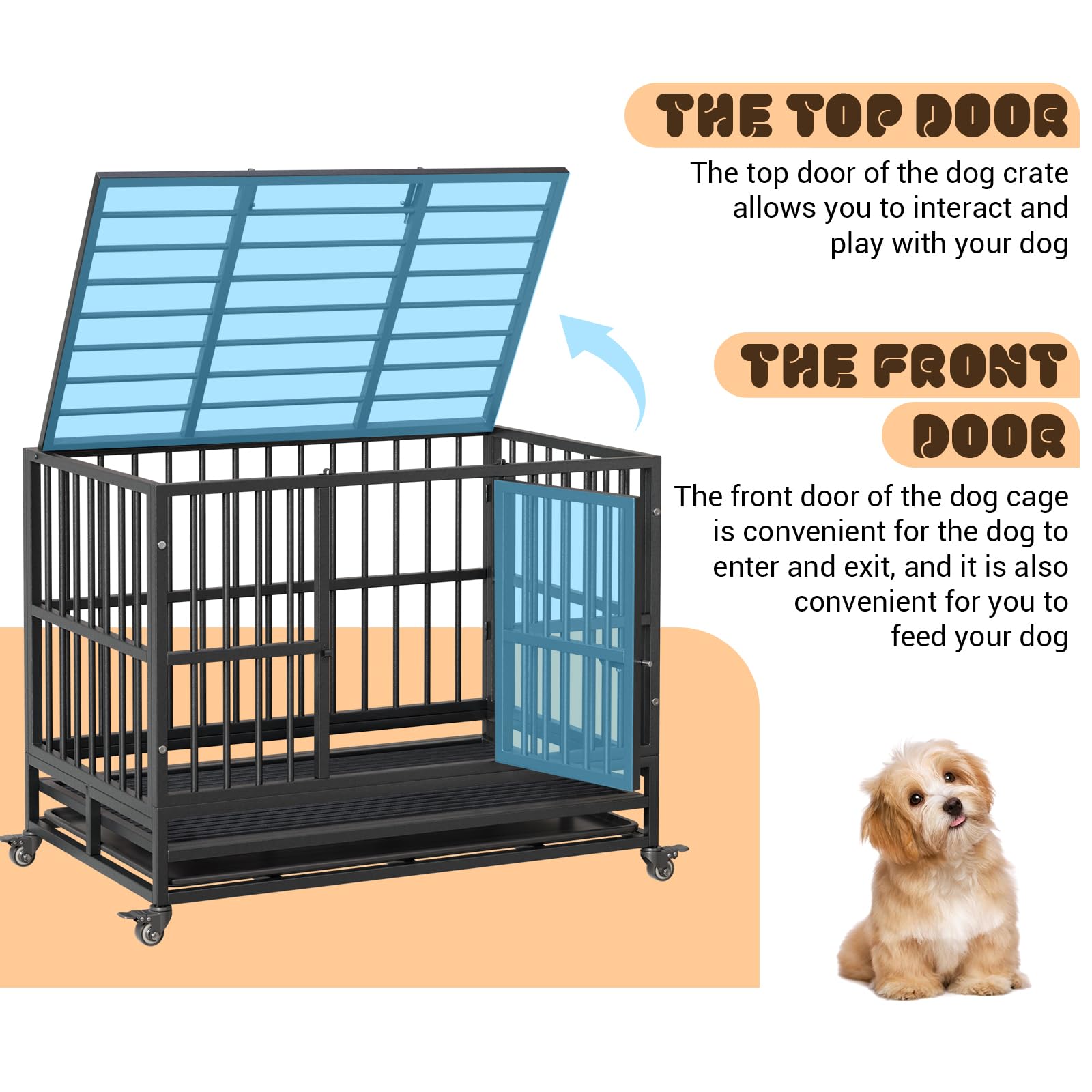 Garvee Heavy Duty Dog Crate 37 pollici con doppia porta, ruote girevoli a 360°, metallo, pieghevole, per cani di piccola e grande taglia, per interni