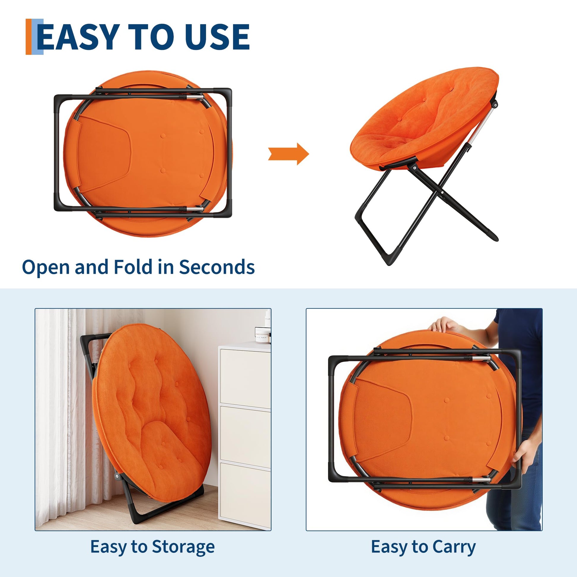 Poltrona Garvee Saucer Chair con struttura in metallo dorato, pelliccia sintetica oversize, pieghevole, comoda, arancione per camera da letto e soggiorno