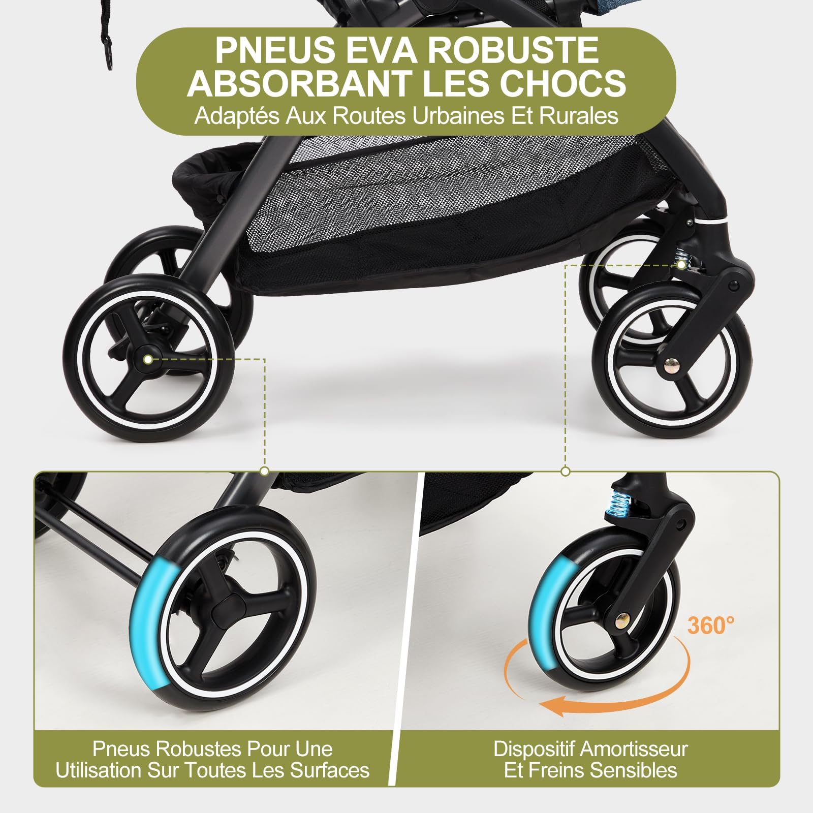 Passeggino GARVEE, passeggino da viaggio pieghevole, compatto e ultraleggero, per neonati fino a 22 kg, schienale regolabile, ampia capottina con finestra, pneumatici EVA