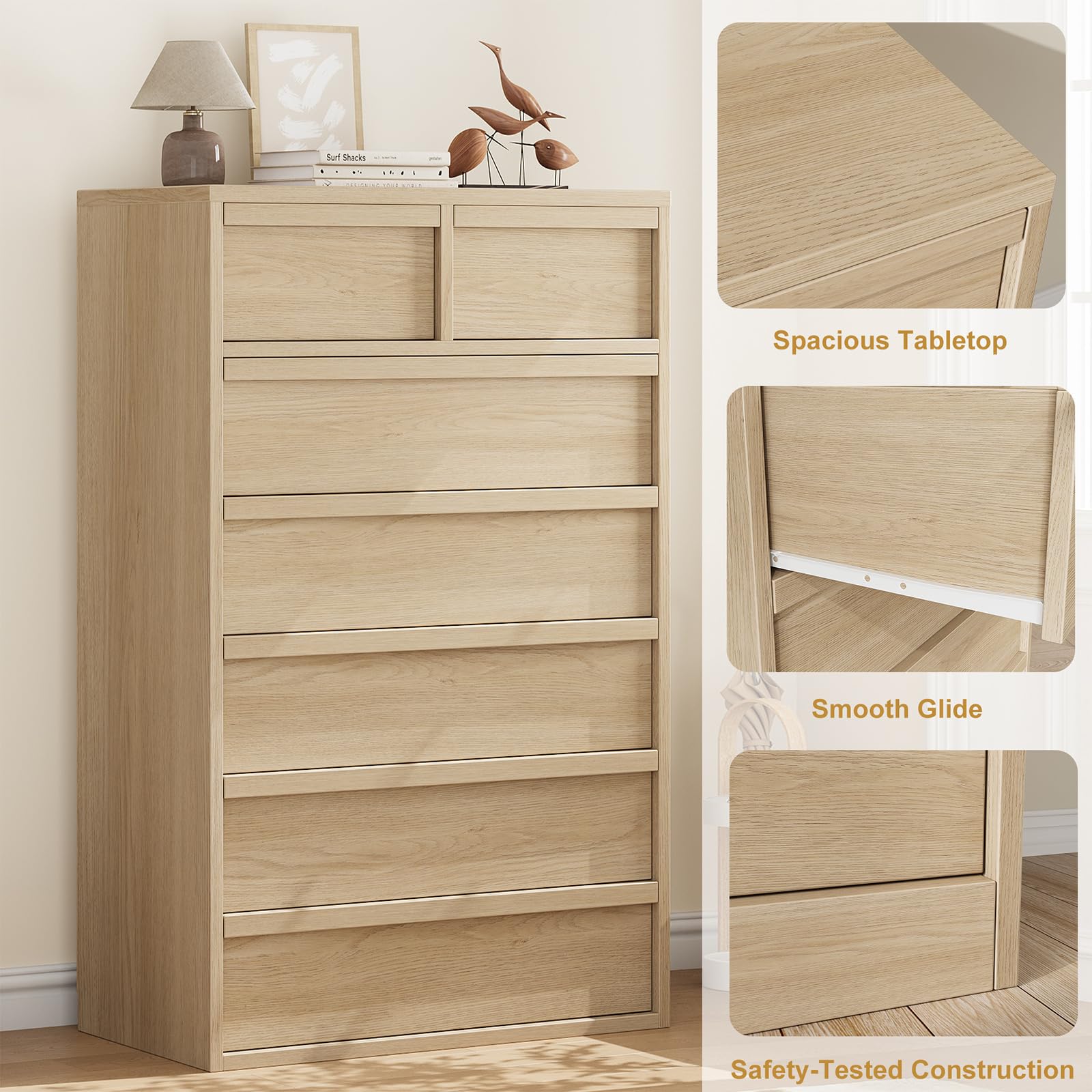 Cassettiera Garvee a 7 cassetti, rovere naturale, per camera da letto, altezza 46 pollici, robusta, design moderno