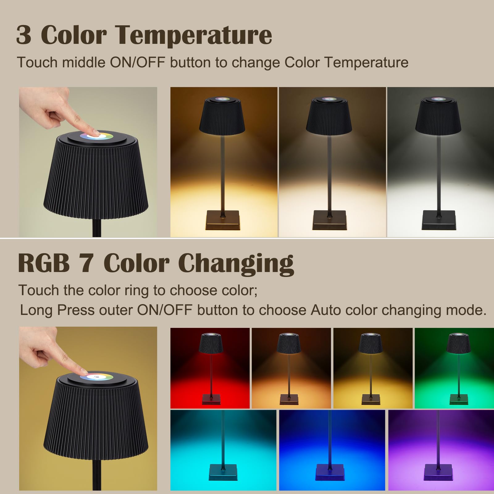 Lampada da tavolo regolabile wireless GARVEE, 8 colori, ricaricabile tramite USB-C, impermeabile, nera, per giardino, balcone, hotel