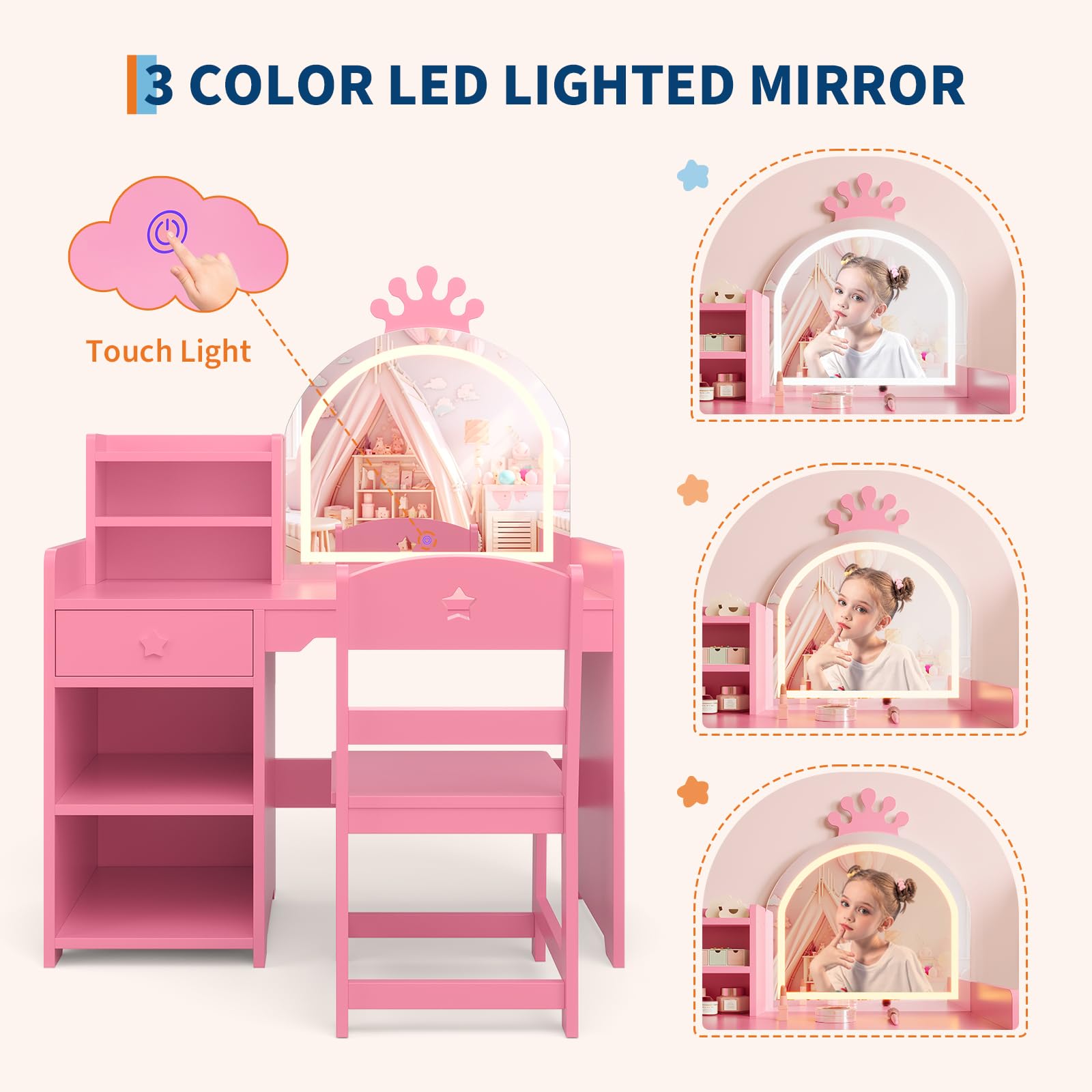 Tavolo da toeletta per bambini Garvee con specchio illuminato, set da toeletta 2 in 1 a forma di principessa, contenitore in legno per la cameretta delle bambine, cassaforte