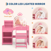 Tavolo da toeletta per bambini Garvee con specchio illuminato, set da toeletta 2 in 1 a forma di principessa, contenitore in legno per la cameretta delle bambine, cassaforte