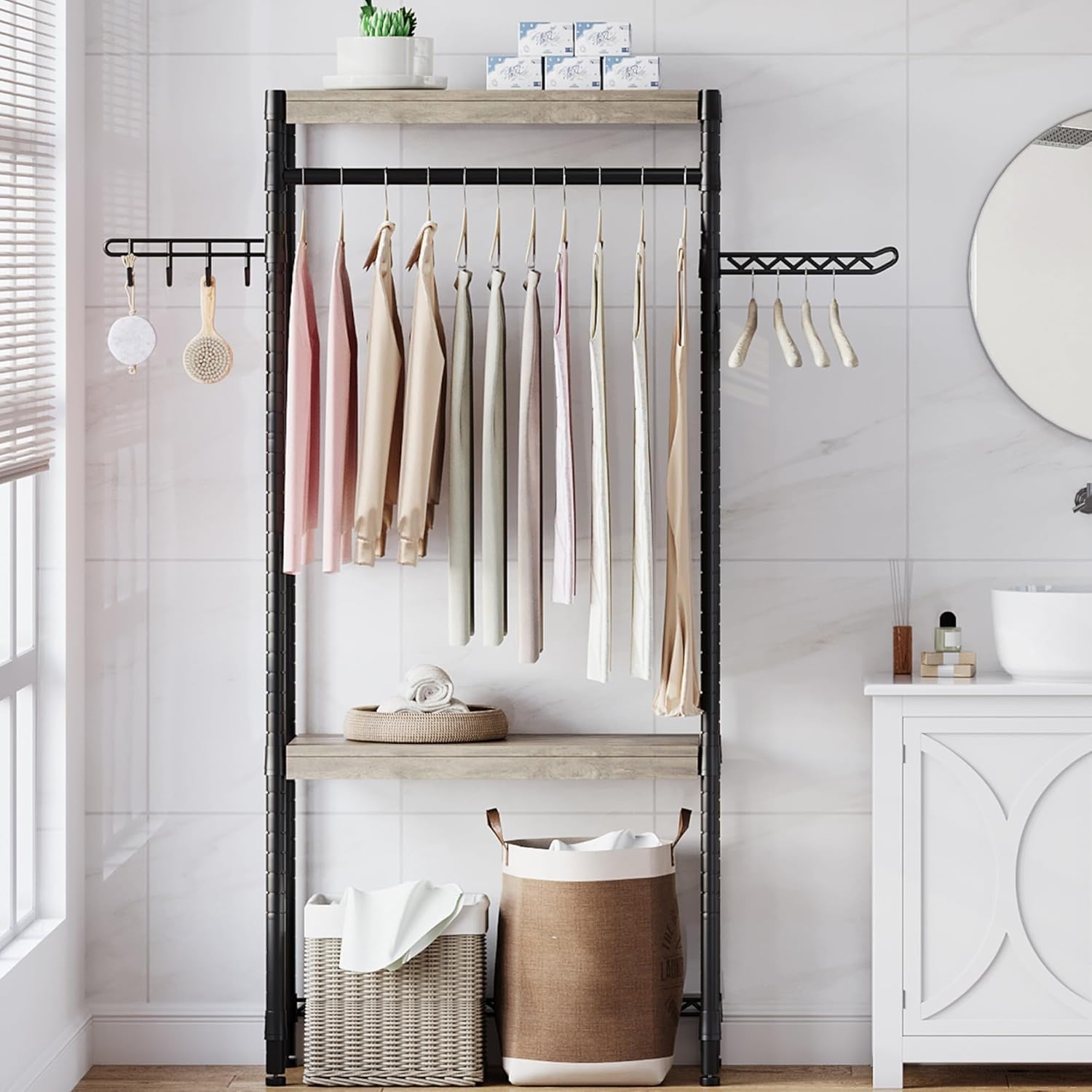 Scaffale per lavanderia Garvee da 30" con stendibiancheria, regolabile, a 4 livelli, in legno e acciaio per lavatrice, bagno e lavanderia, salvaspazio, 28 pollici, colore naturale