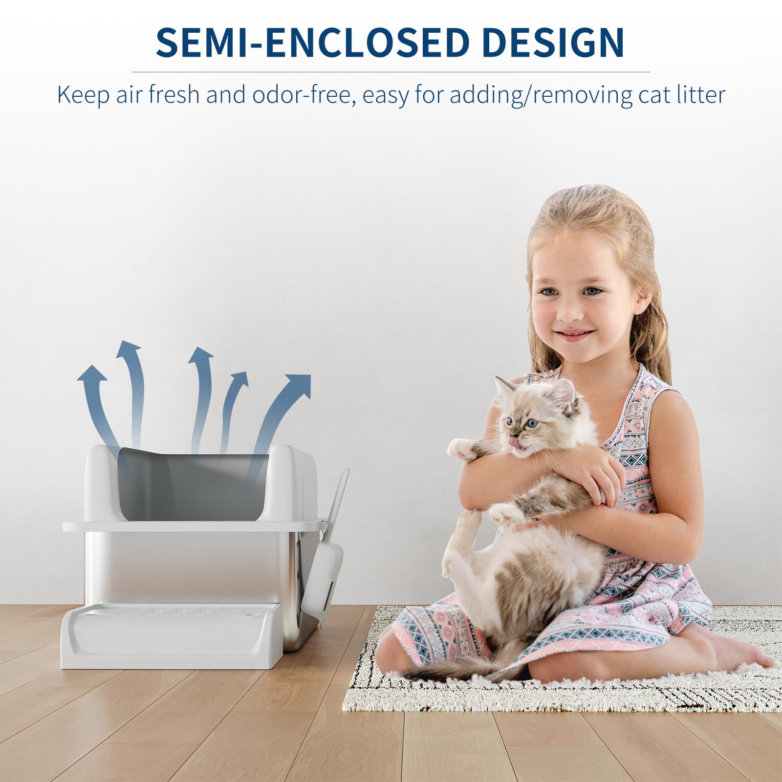 Lettiera per gatti Garvee XXL in acciaio inossidabile con bordo alto e paletta per gatti di grandi dimensioni e famiglie con più gatti, 23,6"x16", argento