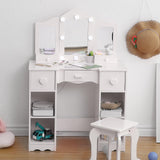 Garvee Tocador Bambina 2 in 1 con Specchio Pieghevole e Sgabello per Camere dei Bambini, MDF Resistente, Grande Capacità di Stoccaggio, Design Sicuro, 99x70x34 cm, Bianco - Rosa