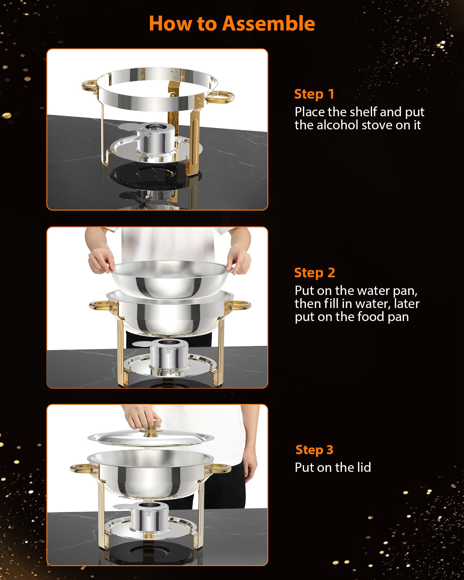 Garvee 5QT Set da 4 pezzi Chafing Dish Buffet in acciaio inox Piatti riscaldanti rotondi con coperchi e supporti per catering, matrimoni, feste, argento