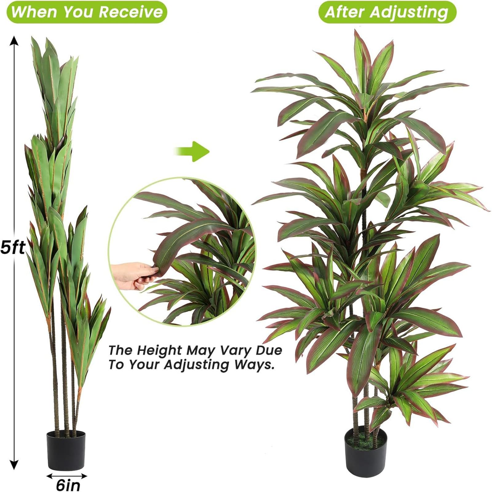 GARVEE Pianta artificiale di dracena, pianta tropicale artificiale alta 150 cm in vaso bianco con rami e foglie regolabili, grande pianta artificiale di dracena per soggiorno, ufficio domestico, balcone, verde