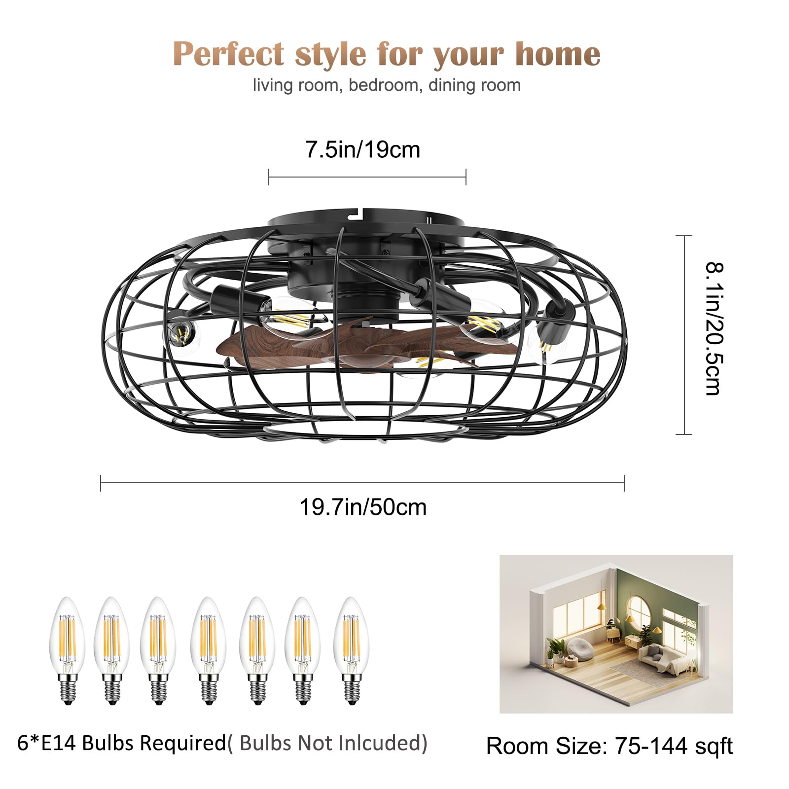 Ventilatore da soffitto retrò GARVEE con luce e telecomando, 6 velocità di ventilazione regolabili, lampada con ventola da 50 cm per soggiorno e camera da letto, timer, 7 pale, 6 lampadine E14 (non incluse)