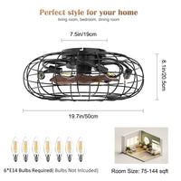 Ventilatore da soffitto retrò GARVEE con luce e telecomando, 6 velocità di ventilazione regolabili, lampada con ventola da 50 cm per soggiorno e camera da letto, timer, 7 pale, 6 lampadine E14 (non incluse)