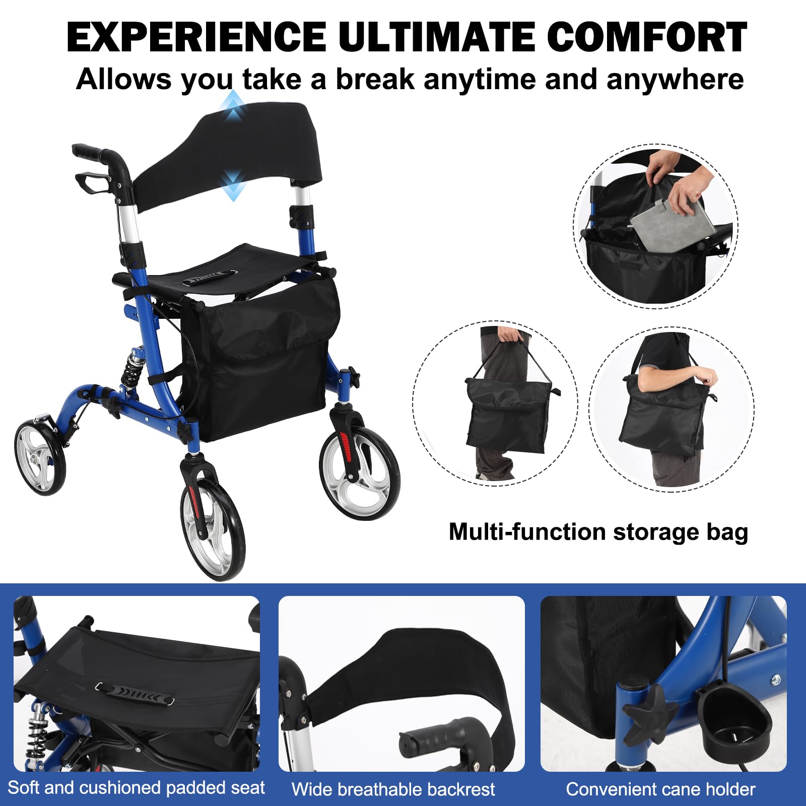 Rollator pieghevole Garvee con ammortizzatori - ruote anteriori da 12" e posteriori da 10" per comfort e sicurezza su tutti i terreni