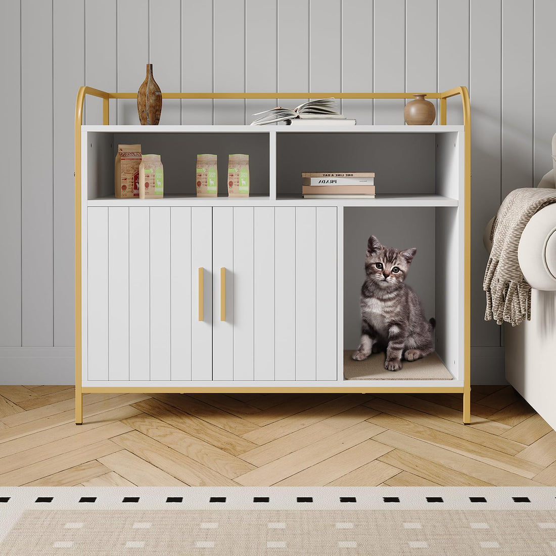 Garvee - Lettiera per gatti, mobiletto con 2 scomparti portaoggetti, tiragraffi, mobiletto con doppia anta, ingresso anteriore, bianco, 37.4x17.7x32.3 pollici