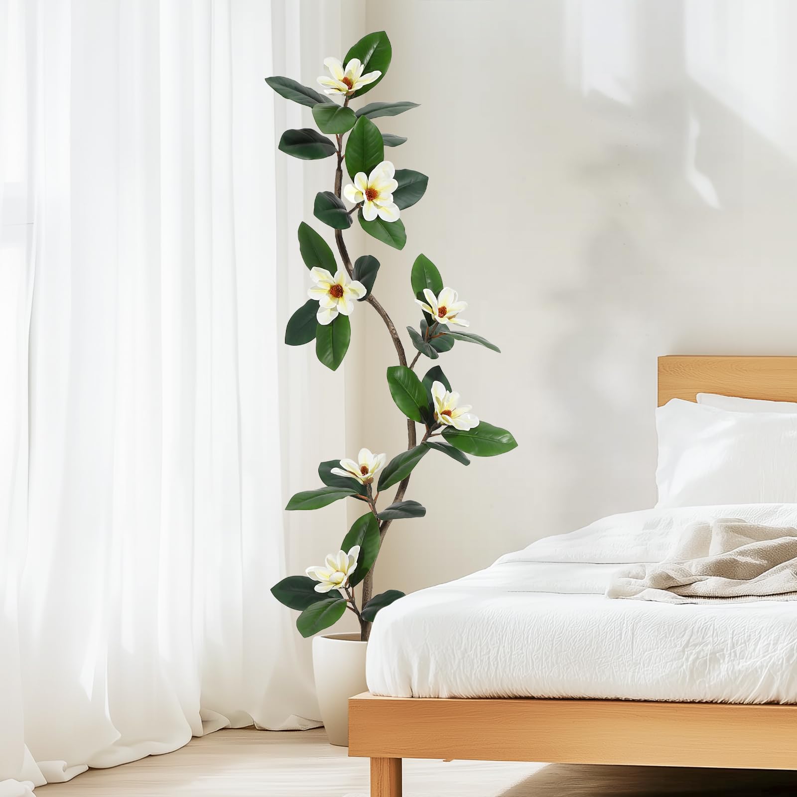 Albero di gomma artificiale Garvee da 5 piedi con fiori di magnolia, vaso bianco per ufficio e casa, stabile e durevole