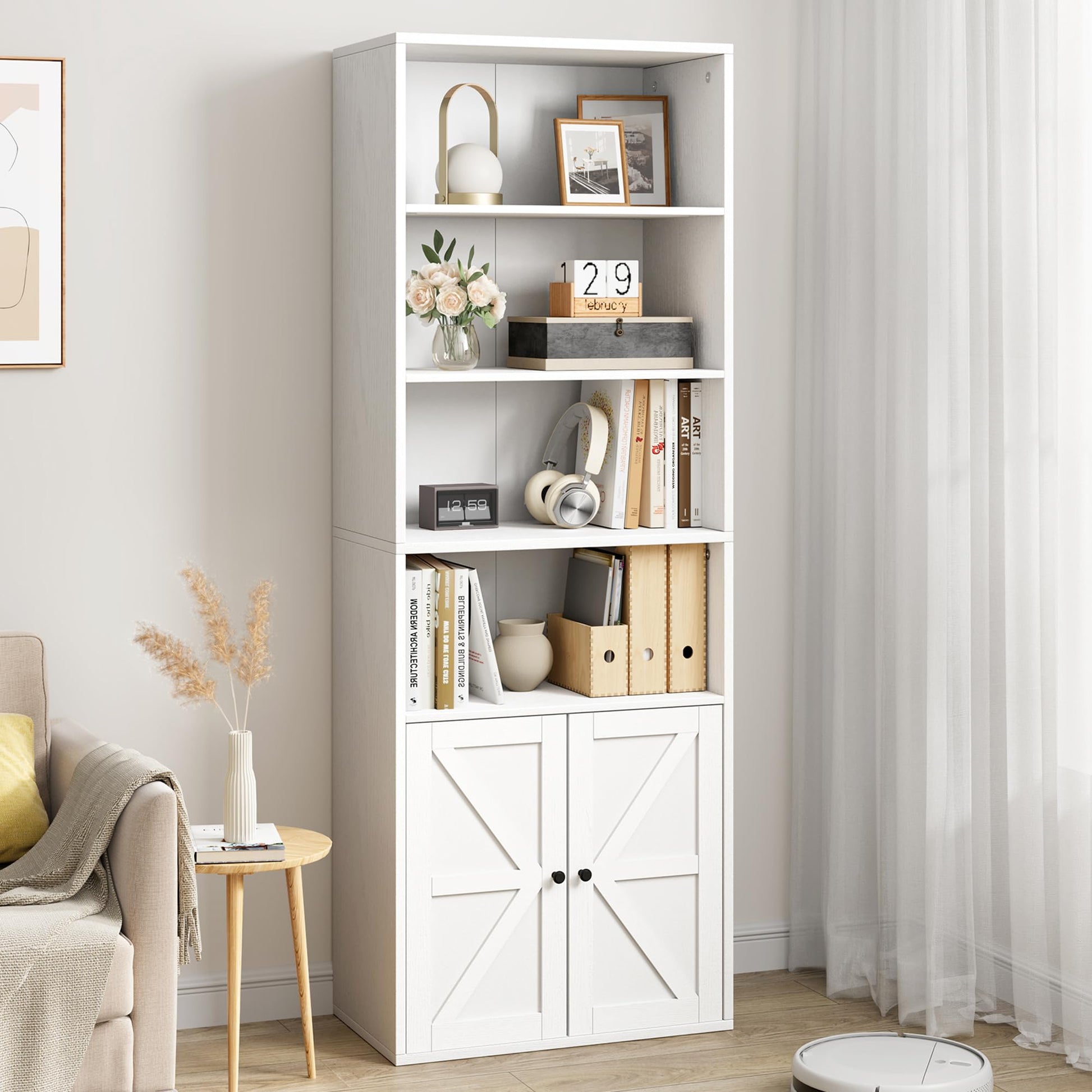 Garvee Libreria Industriale 71.4" con Ante e Ripiani, Ampio Spazio, Porta Scorrevole, Bianco, Anti-Ribaltamento, Soggiorno/Ufficio