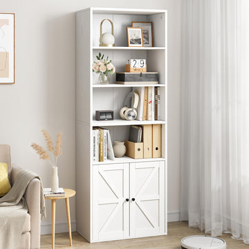 Garvee Libreria Industriale 71.4" con Ante e Ripiani, Ampio Spazio, Porta Scorrevole, Bianco, Anti-Ribaltamento, Soggiorno/Ufficio