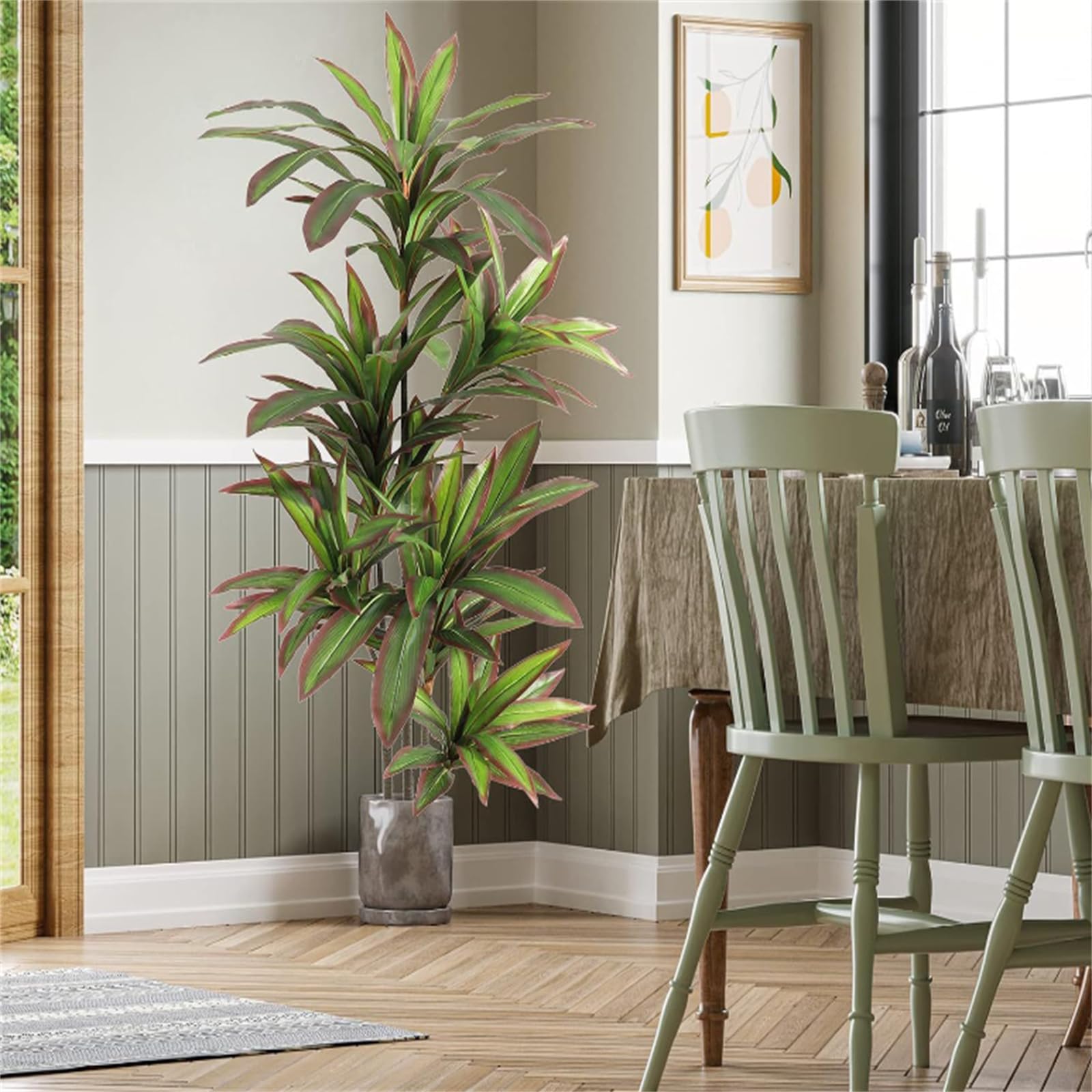 GARVEE Pianta artificiale di dracena, pianta tropicale artificiale alta 150 cm in vaso bianco con rami e foglie regolabili, grande pianta artificiale di dracena per soggiorno, ufficio domestico, balcone, verde