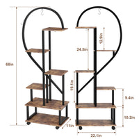 Garvee Set di 2 portavasi in metallo a 6 ripiani con ruote, design a mezzo cuore, ripiani in legno per giardino e balcone, mobile, robusto, 68 pollici, nero