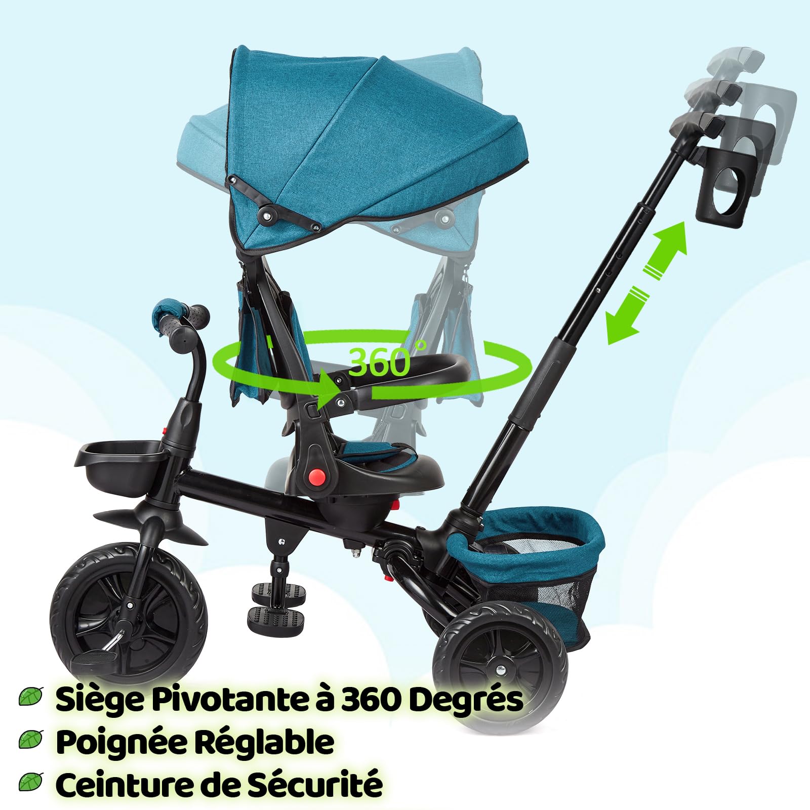 Garvee Triciclo Bébé Évolutif 6 en 1 con seduta reversibile, parasole, pedali per bambini da 10 mesi a 5 anni, Verde