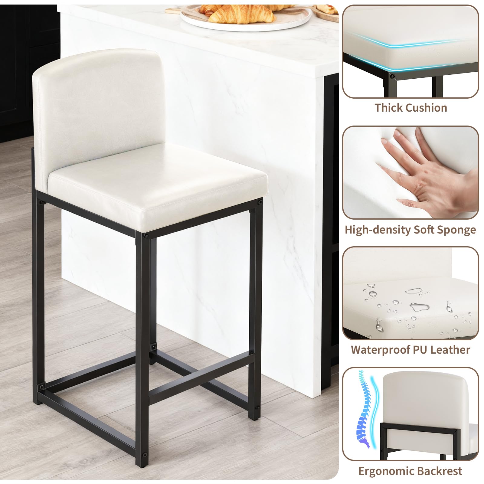 Set di 2 sgabelli da bar Garvee, moderni, altezza 24", similpelle, struttura in metallo, cucina e sala da pranzo, salvaspazio, nero