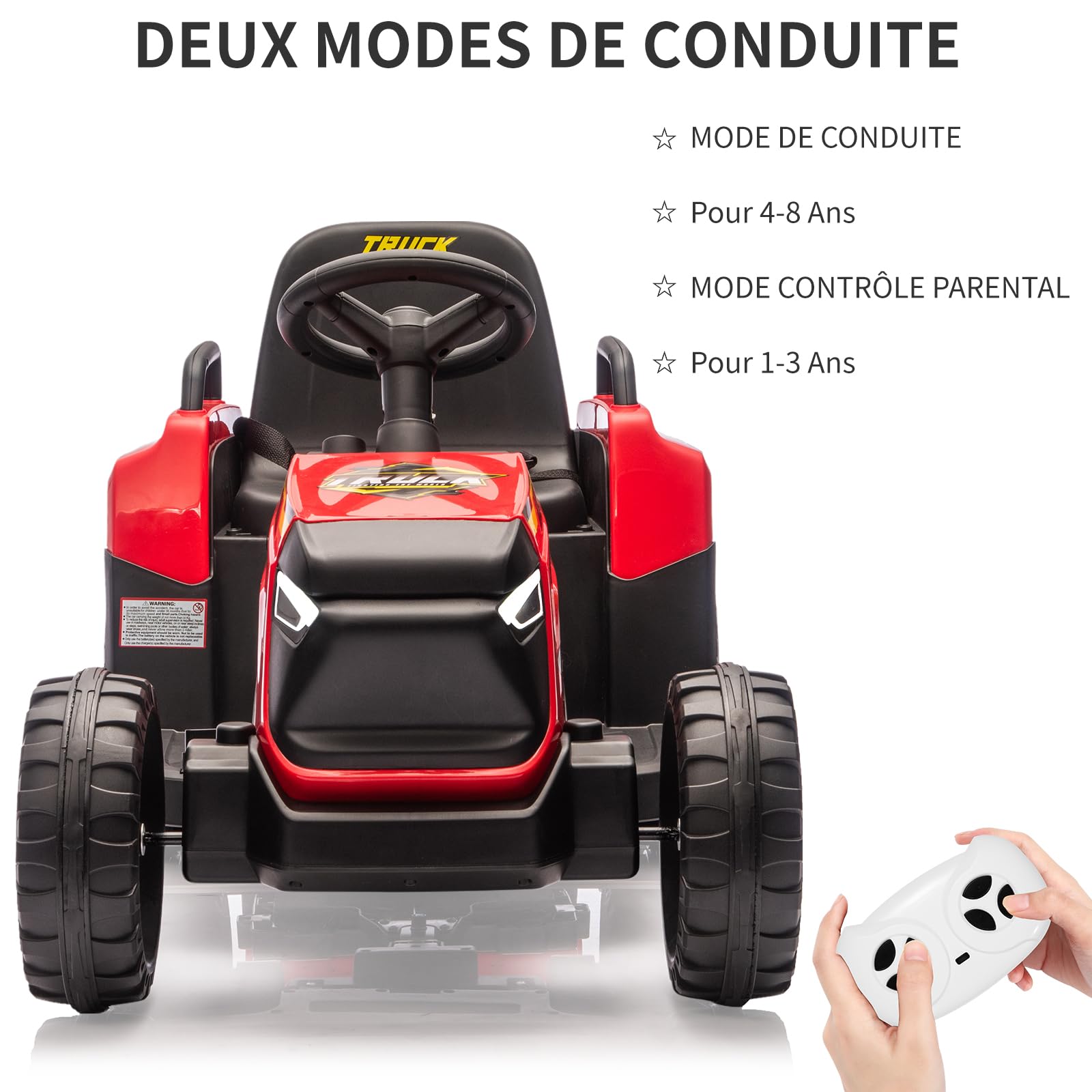 Trattore elettrico per bambini Garvee 12V con rimorchio staccabile, telecomando, doppi motori, fari a LED per giardino e cortile, 6 pneumatici, multicolore