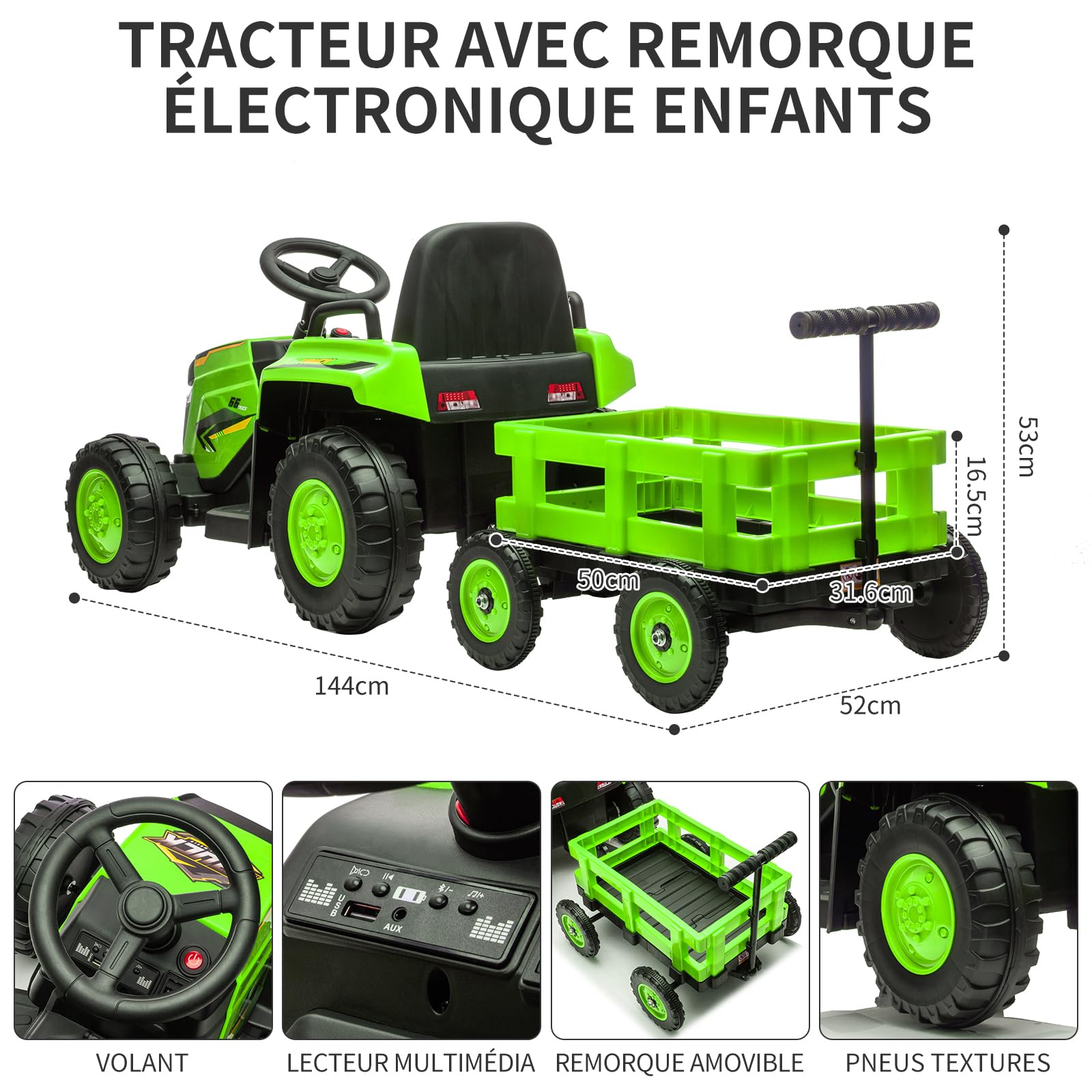 Trattore per bambini Garvee Kids Tractor 12V Twin Motor – Verde naturale con potente doppio motore, rimorchio ed effetti sonori per bambini dai 3 agli 8 anni, all'aperto o a casa.