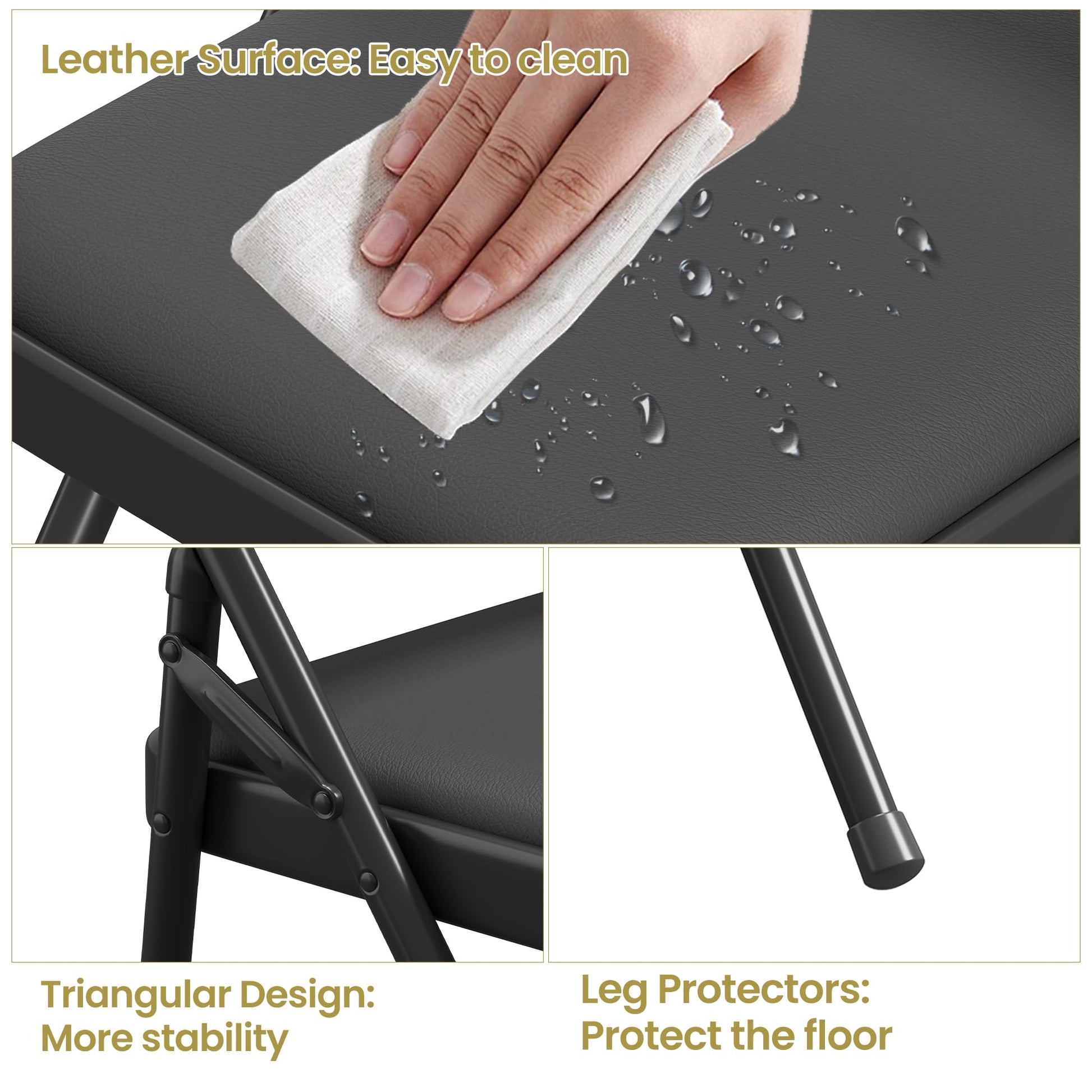 Set di 4 sedie pieghevoli Garvee in similpelle, ergonomiche e leggere, struttura in metallo, impilabili per uso interno ed esterno, nere, capacità di carico di 350 libbre