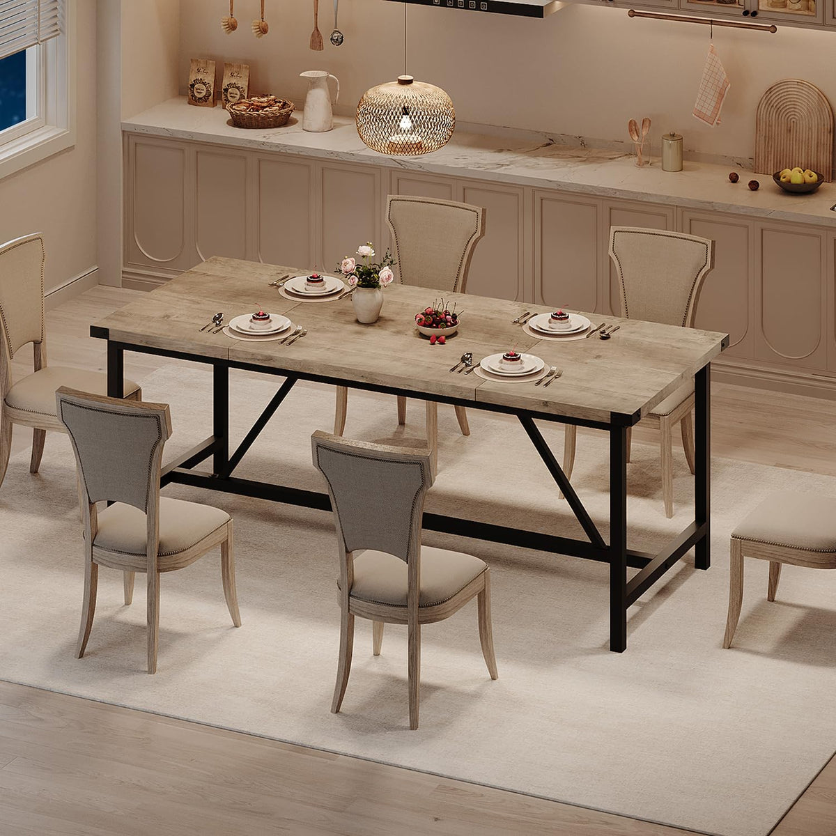 Tavolo da pranzo rettangolare Garvee per 6-8 persone, robusto MDF e acciaio, stile industriale, grigio retrò, sala da pranzo e ampi spazi