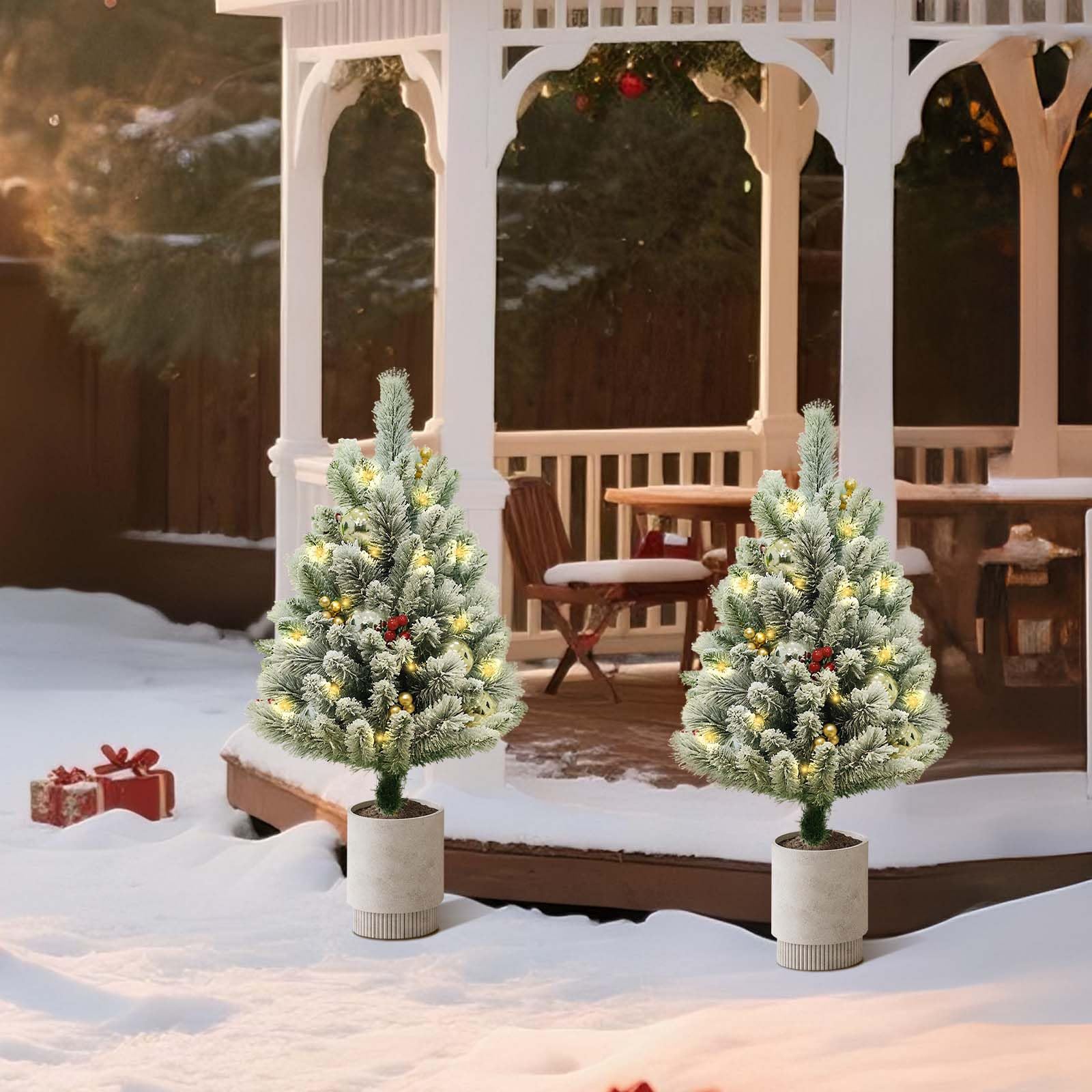 Garvee Set di 2 pezzi Albero di Natale artificiale da 75 cm con luci a LED e bacche rosse per decorazioni natalizie, floccato, stabile, bianco invernale e rosso