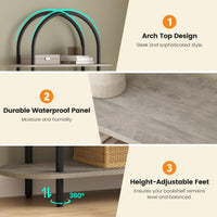 Libreria ad arco Garvee da 71" con 5 ripiani, struttura in metallo, colore nero e grafite, per soggiorno e ufficio, robusta e versatile.