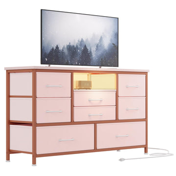 Mobile TV Garvee a 8 cassetti con illuminazione a LED e presa di corrente per soggiorno e camera da letto, legno MDF, luce RGB, ampio spazio di archiviazione, bianco