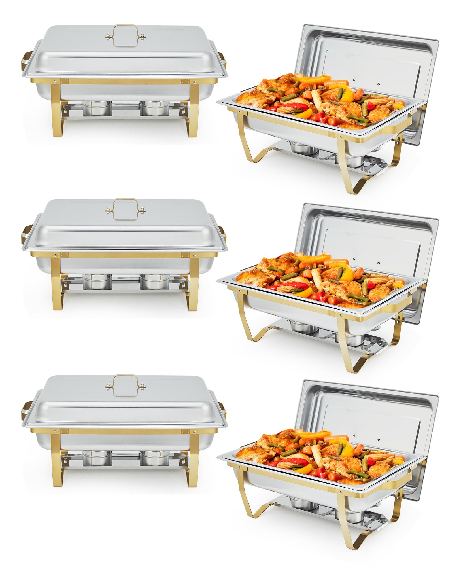 Garvee Chafing Dish Buffet Set da 6, 8QT, Acciaio Inox, Doppia Temperatura, Telaio Pieghevole, Oro, per Feste e Catering