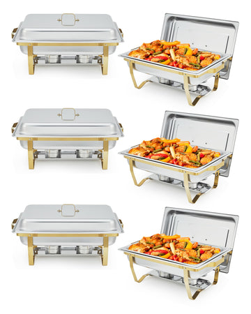 Garvee Chafing Dish Buffet Set da 6, 8QT, Acciaio Inox, Doppia Temperatura, Telaio Pieghevole, Oro, per Feste e Catering