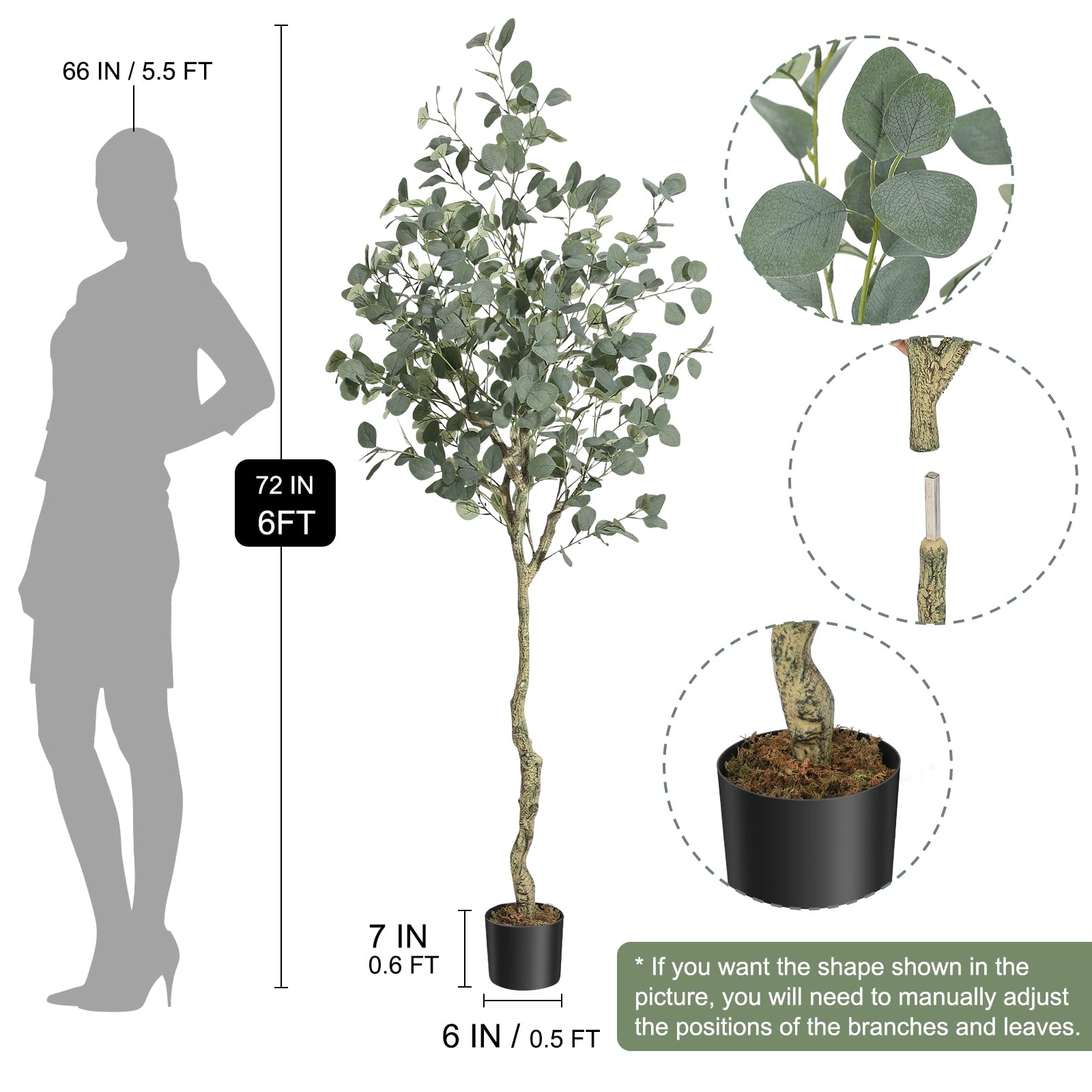 Albero di eucalipto artificiale Garvee da 4/5/6 piedi con tronchi in PE realistici, rami regolabili, materiale in seta ignifugo, vaso in PP stabile per ufficio e casa, verde