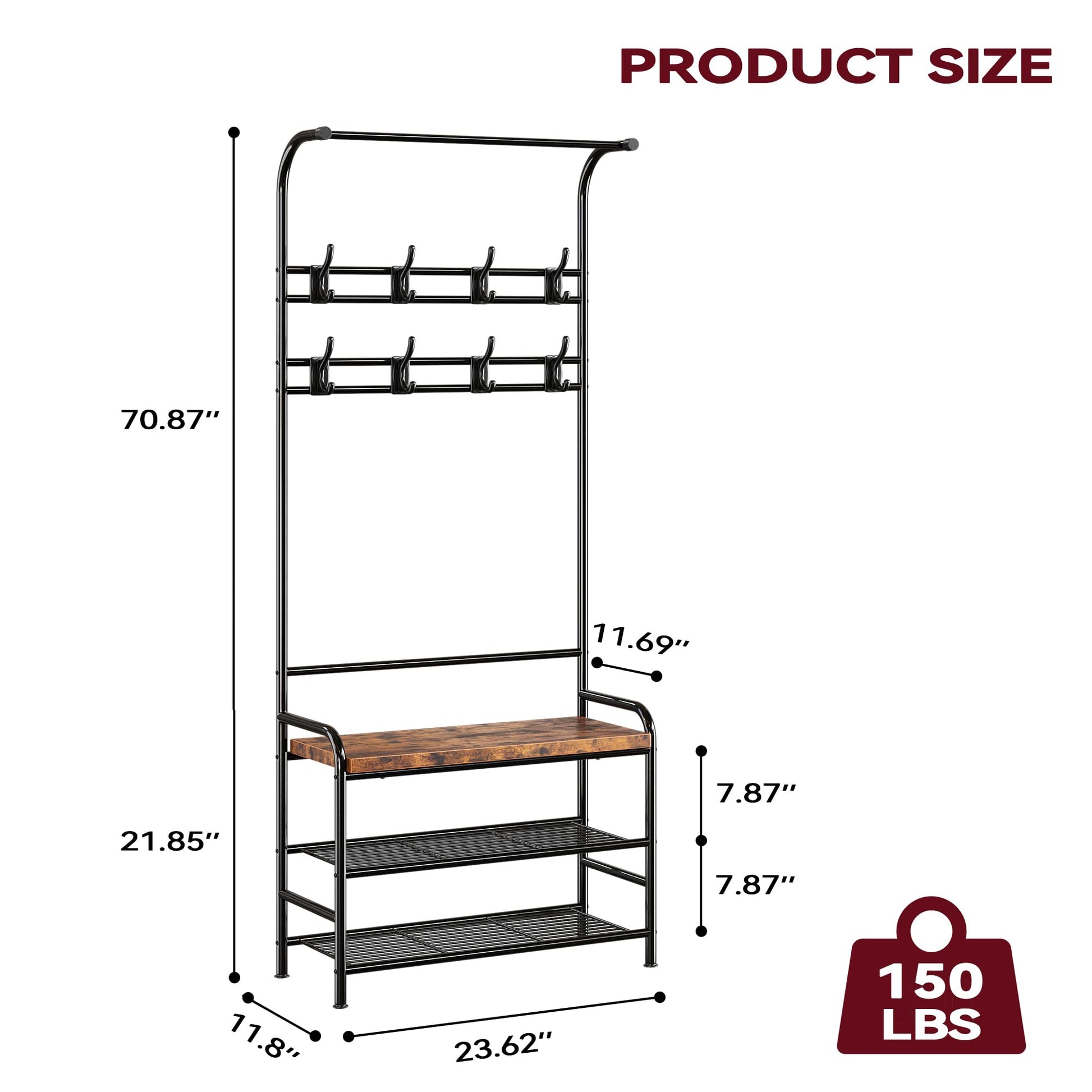 Panca portascarpe Garvee Hall Tree con 8 ganci, guardaroba 4 in 1, robusta per corridoio e camera da letto, 23,57" L x 11,77" W x 70,77" H